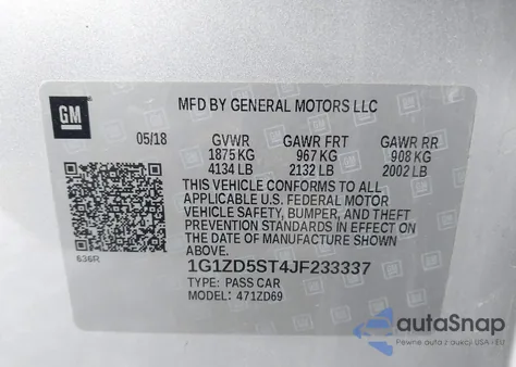 2018 Chevrolet Malibu Lt из США, поврежденный, VIN 1G1ZD5ST4JF233337